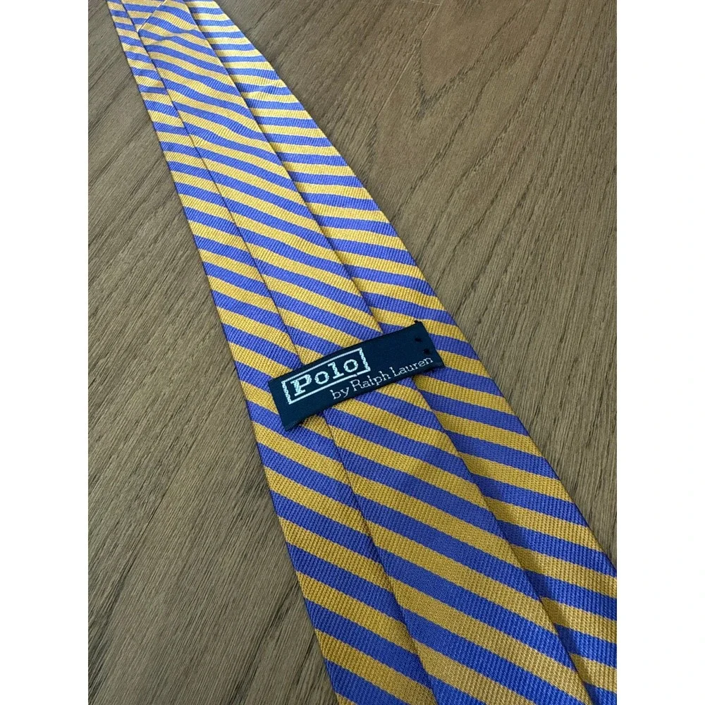Polo Ralph Lauren Silk Tie Blue Gold Repp Stripe Made in USA Hand Finished